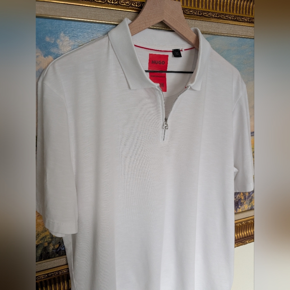 HUGO White Short-Sleeve Zip Polo